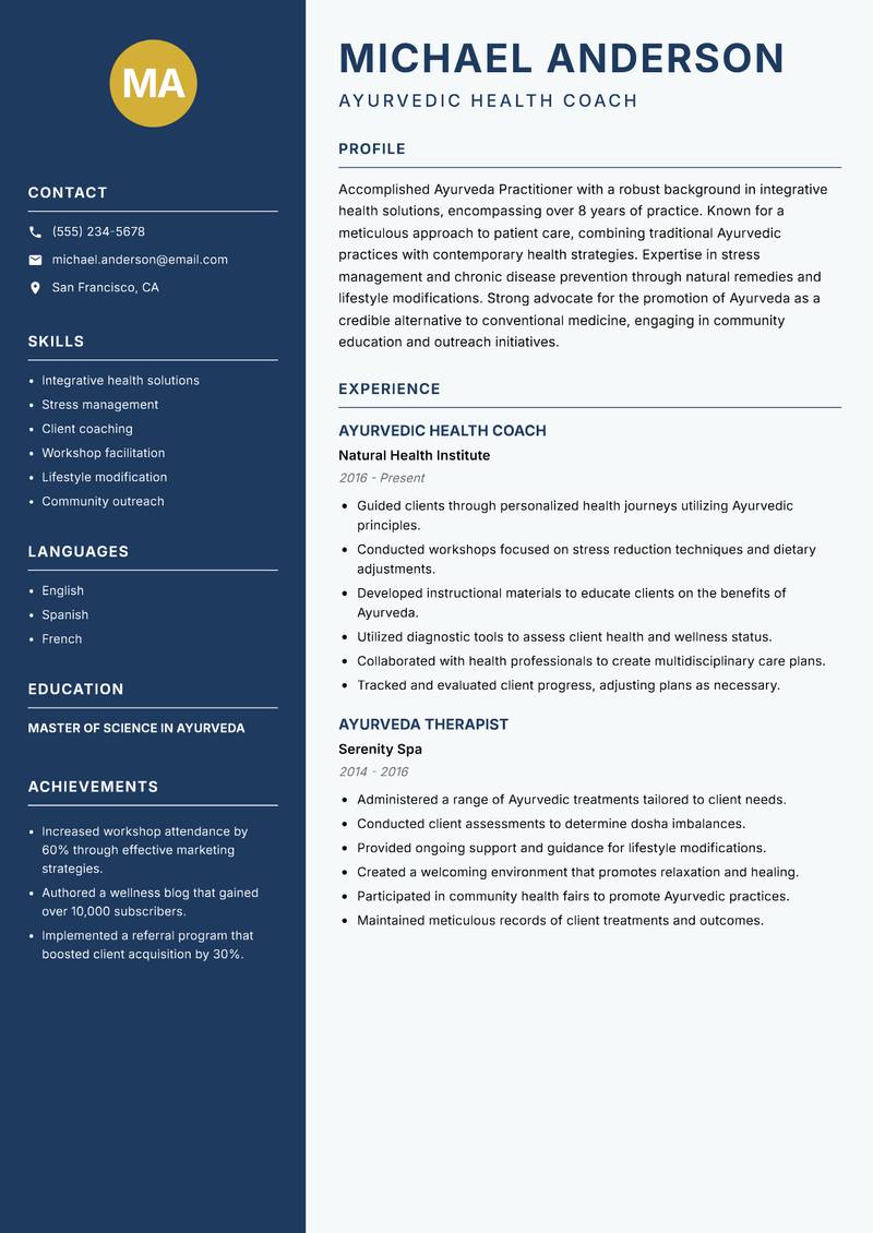 Ayurveda Practitioner resume template — Classic Clean