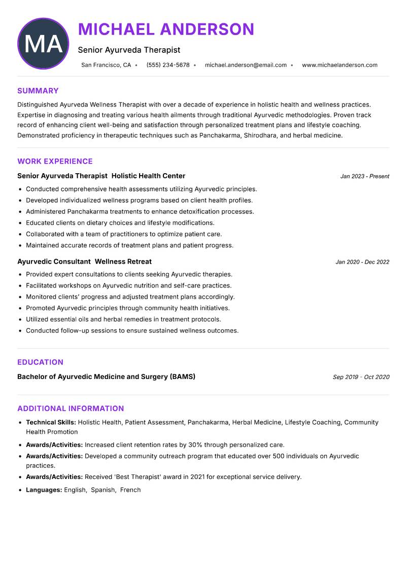 Ayurveda Wellness Therapist resume example — ATS-friendly template