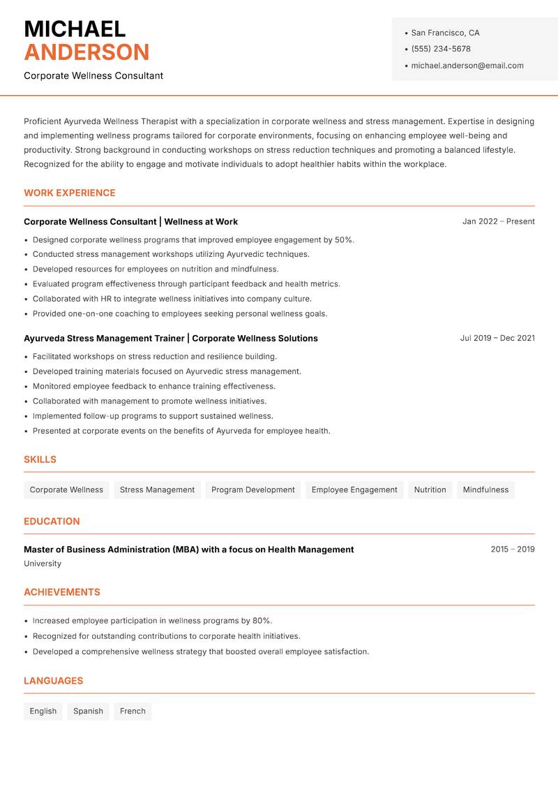 Ayurveda Wellness Therapist resume template — Modern Professional