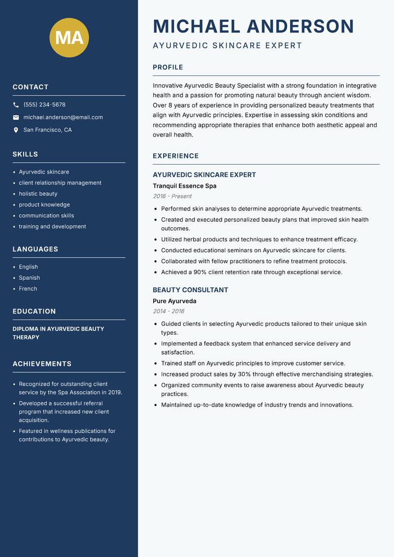 Ayurvedic Beauty Specialist resume template — Classic Clean