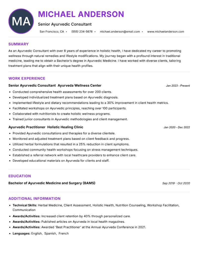 Ayurvedic Consultant resume example — ATS-friendly template