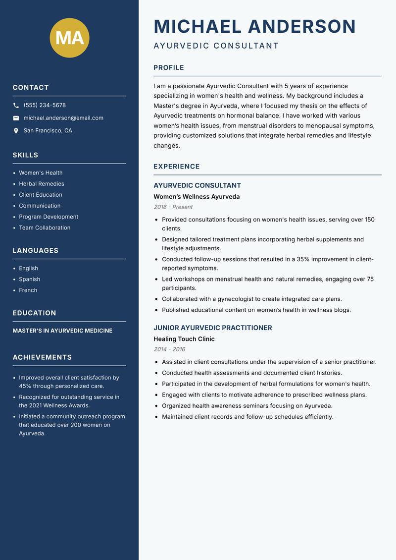 Ayurvedic Consultant resume template — Classic Clean