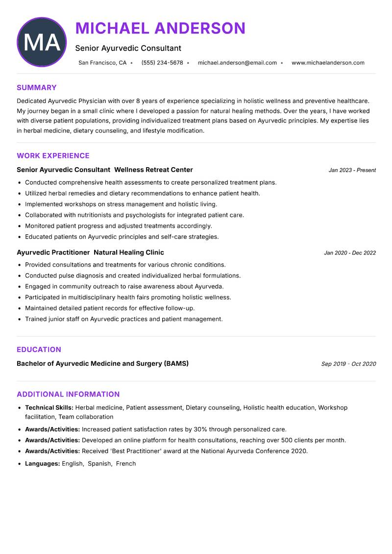 Ayurvedic Physician resume example — ATS-friendly template