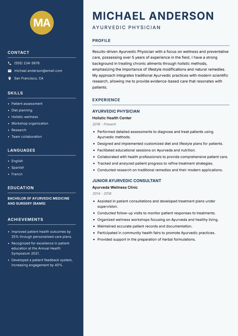 Ayurvedic Physician resume template — Classic Clean