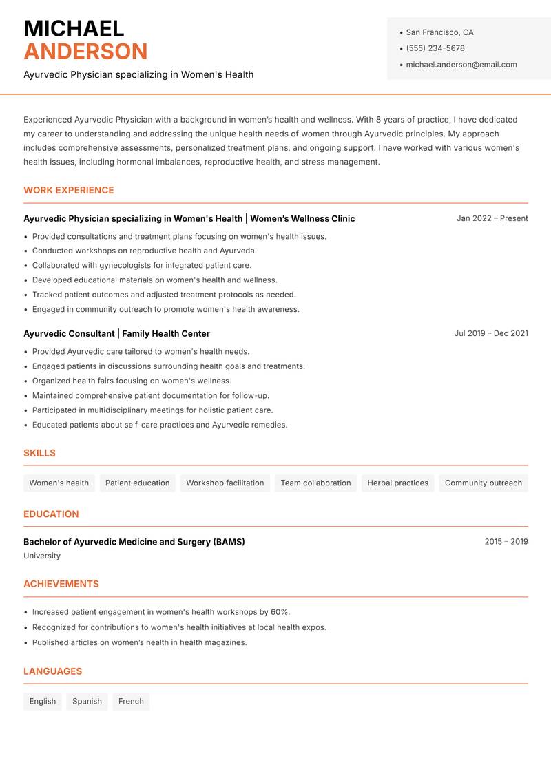 Ayurvedic Physician resume template — Modern Professional
