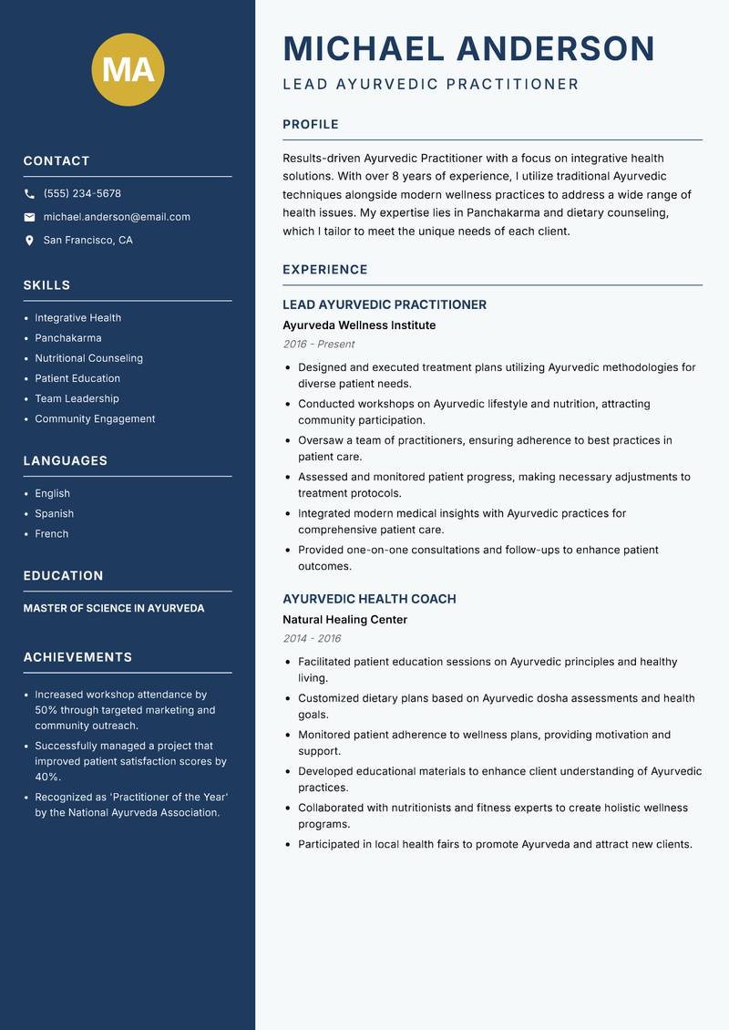 Ayurvedic Practitioner resume template — Classic Clean