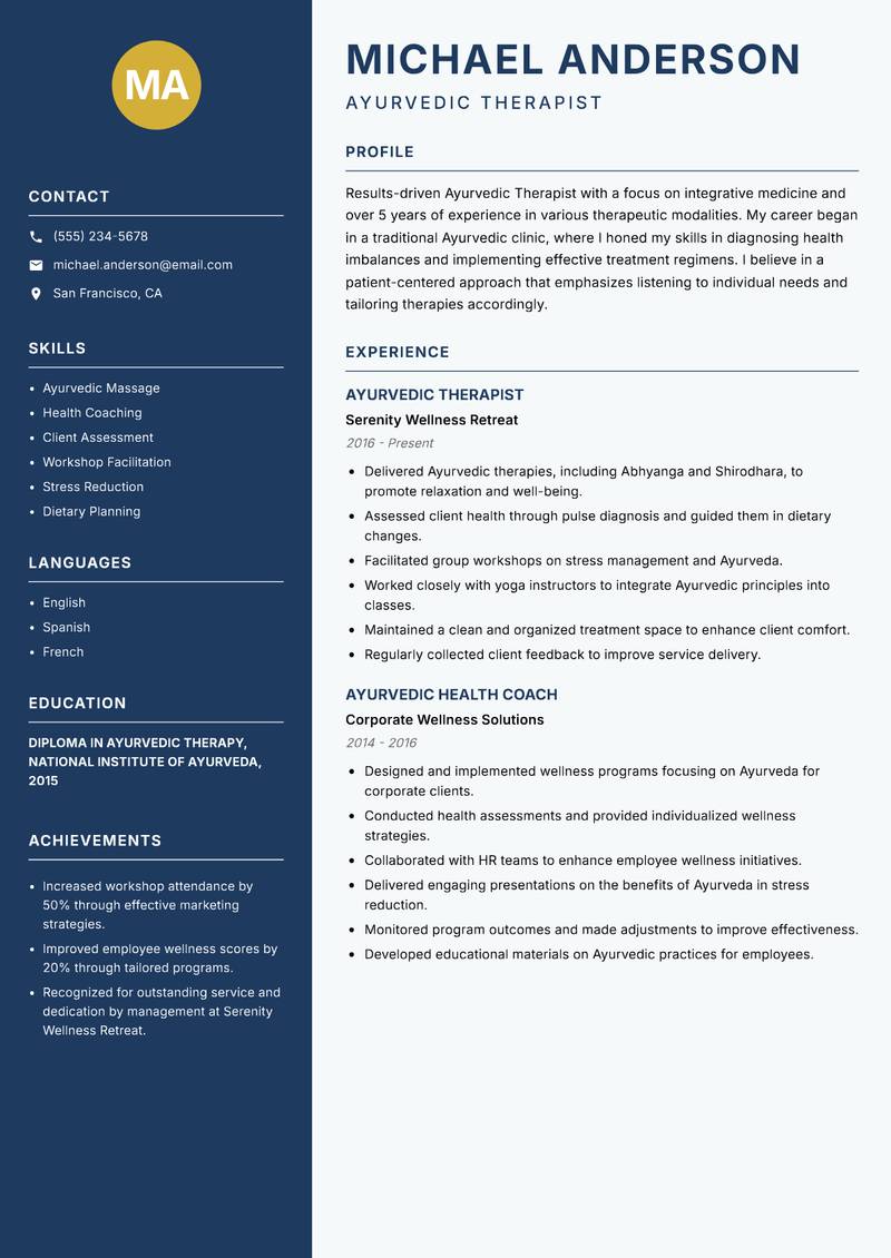 Ayurvedic Therapist resume template — Classic Clean