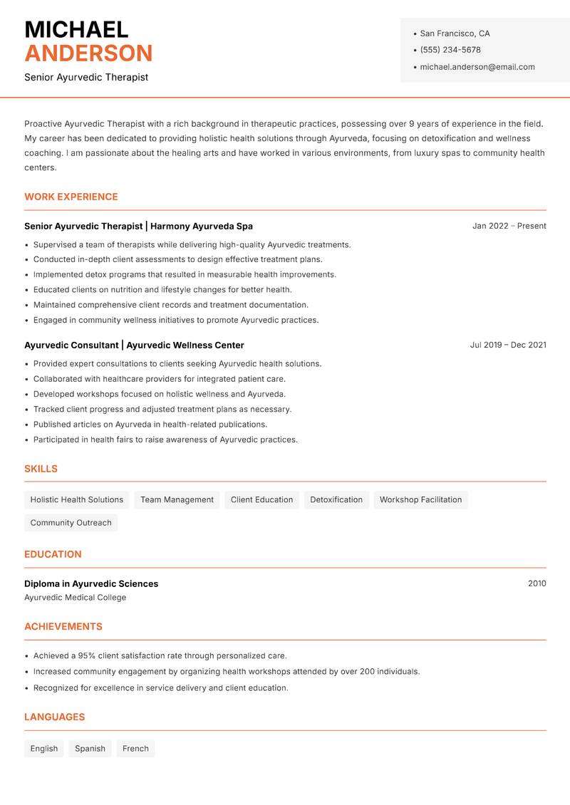 Ayurvedic Therapist resume template — Modern Professional