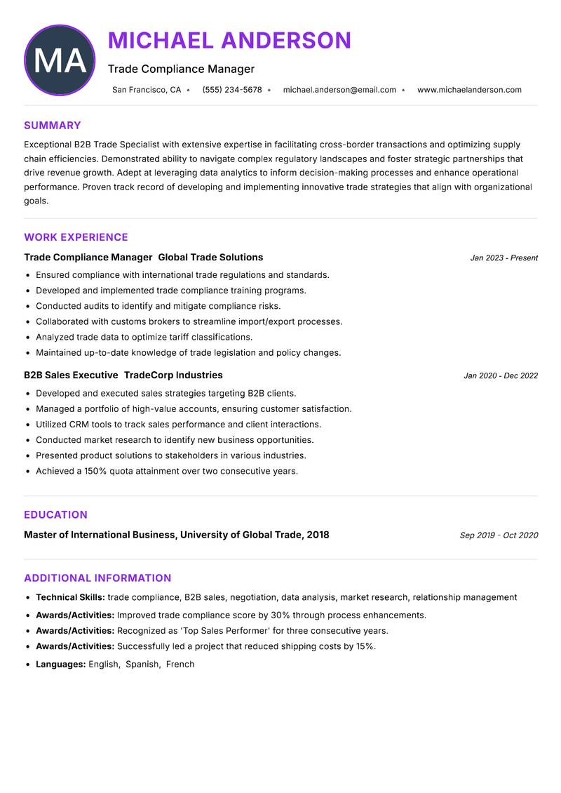B2B Trade Specialist resume example — ATS-friendly template
