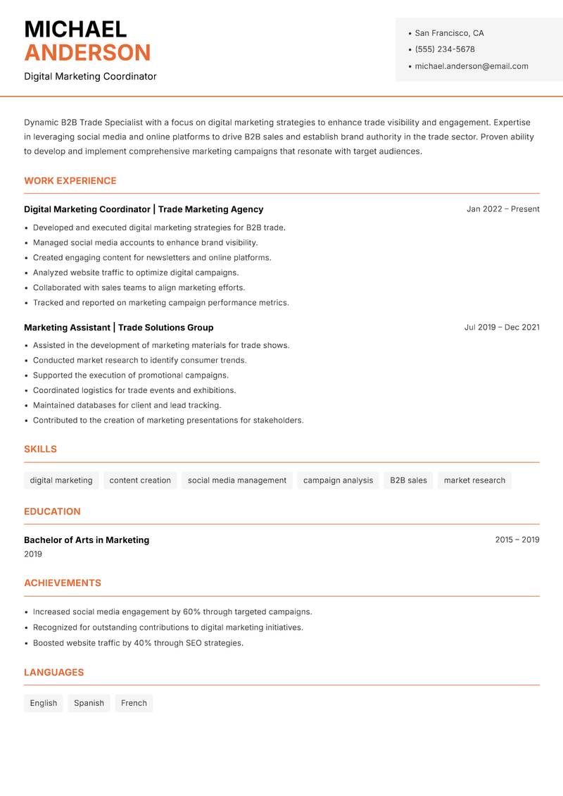 B2B Trade Specialist resume template — Modern Professional