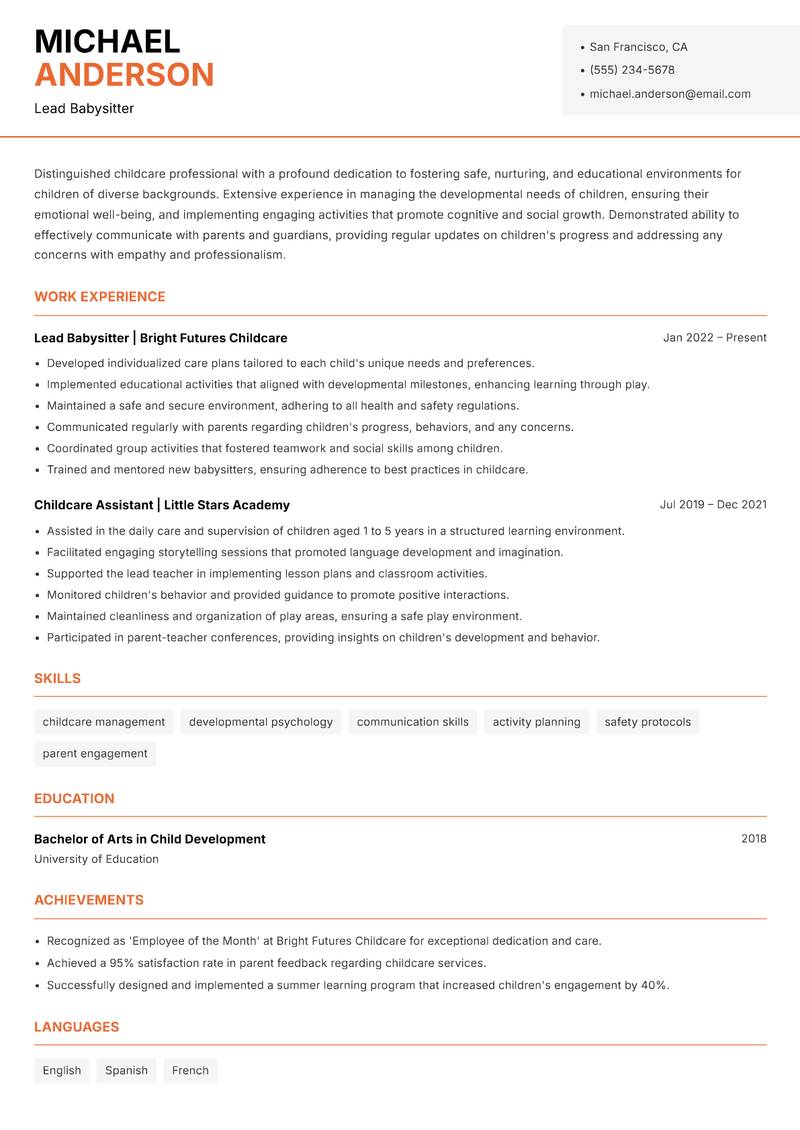 Babysitter resume template — Modern Professional