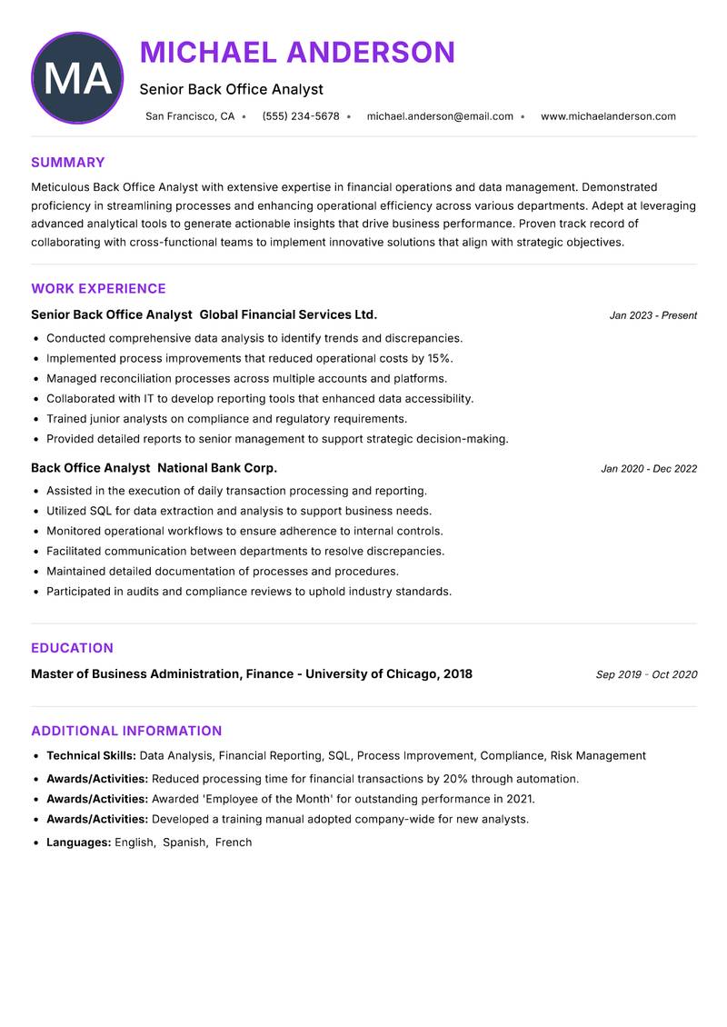 Back Office Analyst resume example — ATS-friendly template
