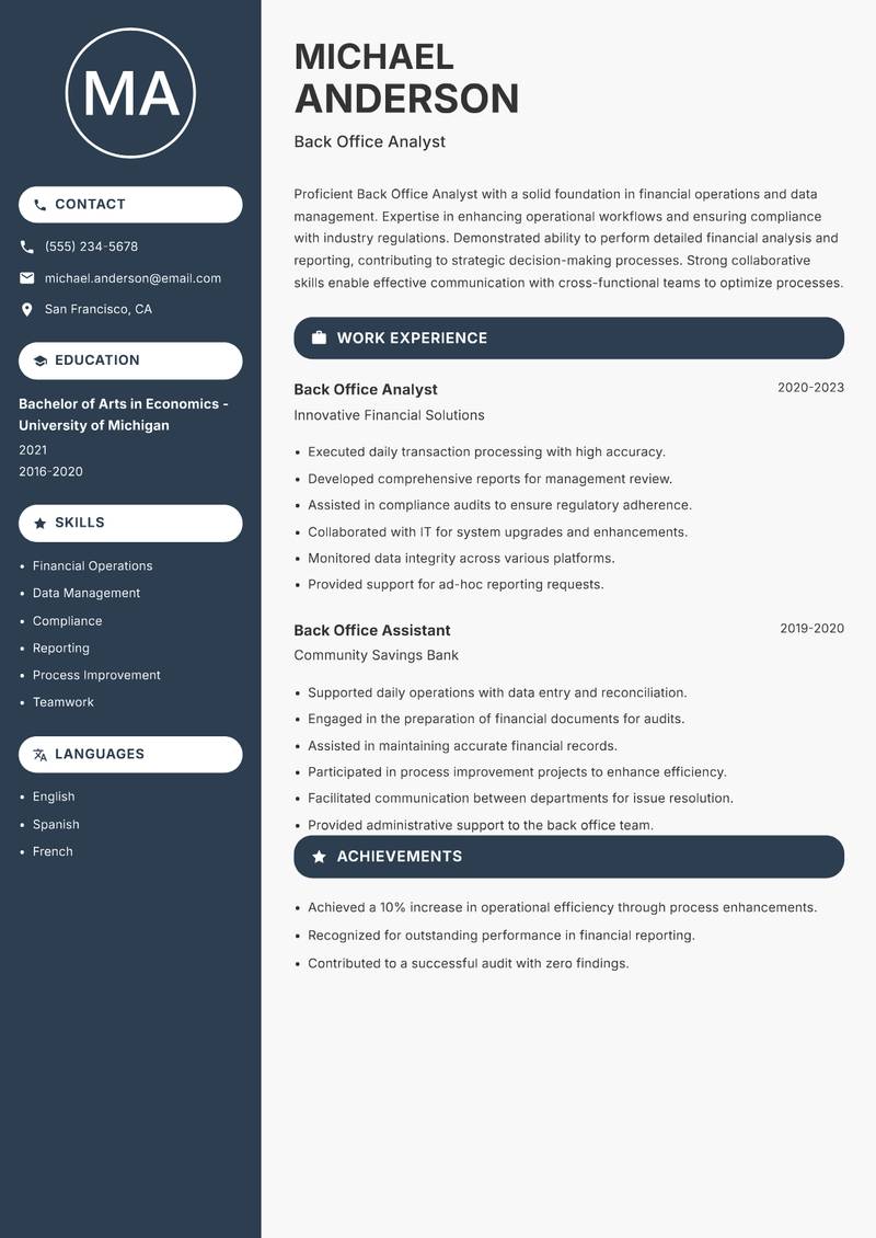 Back Office Analyst resume template — Compact