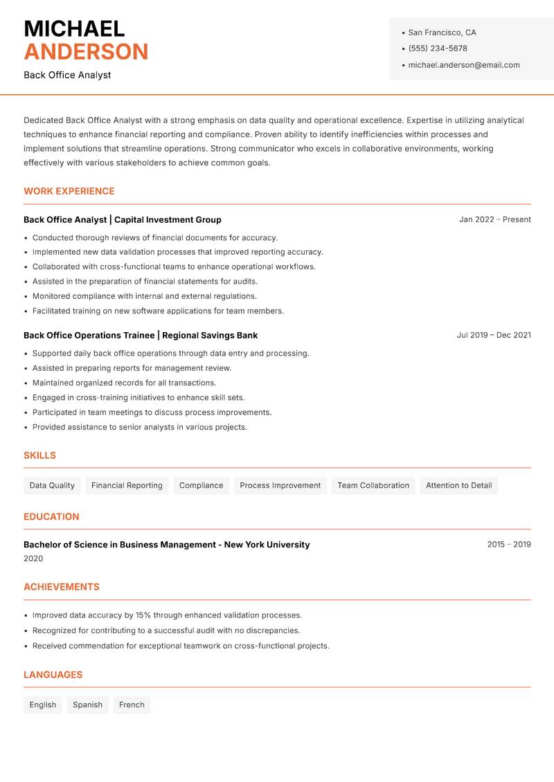 Back Office Analyst resume template — Modern Professional