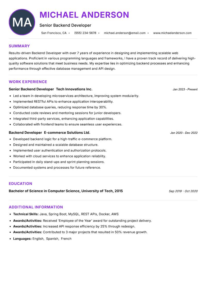 Backend Developer resume example — ATS-friendly template