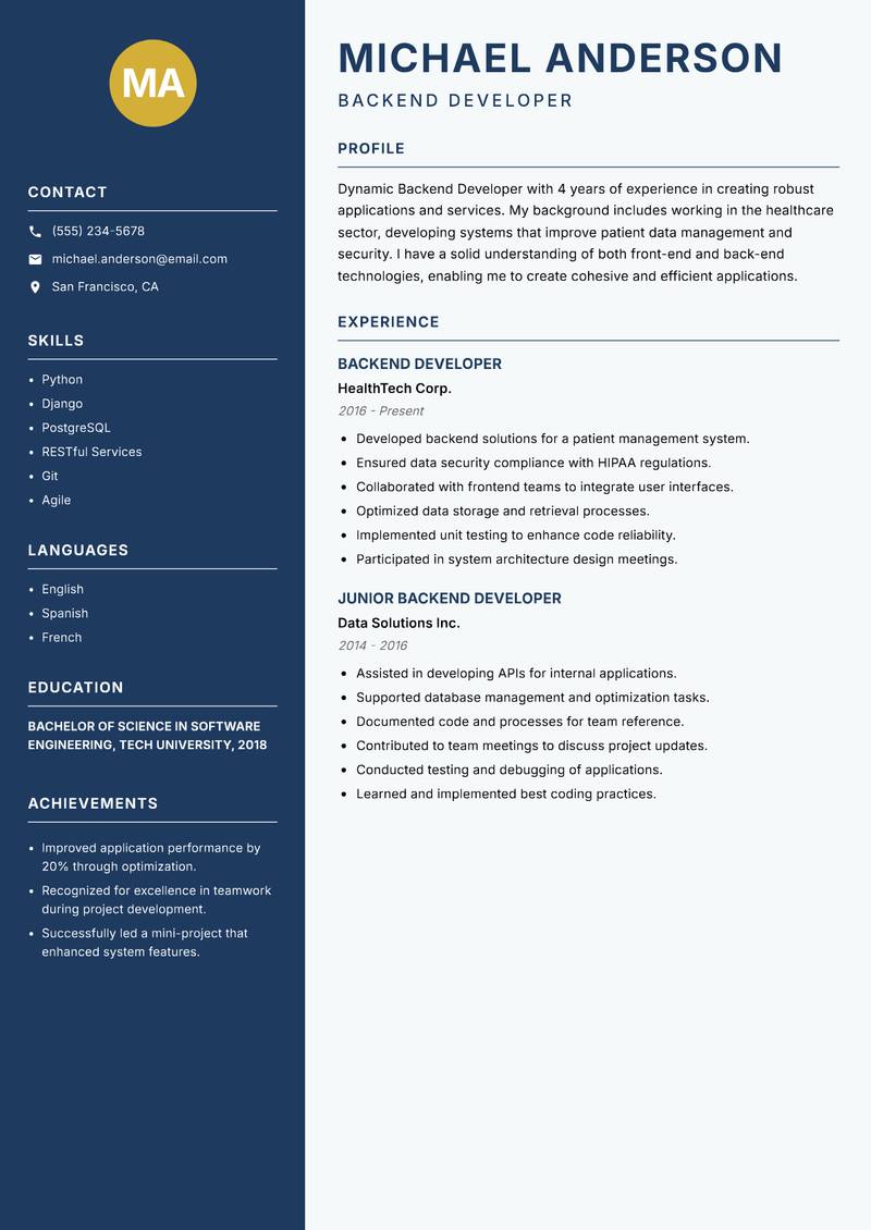 Backend Developer resume template — Classic Clean