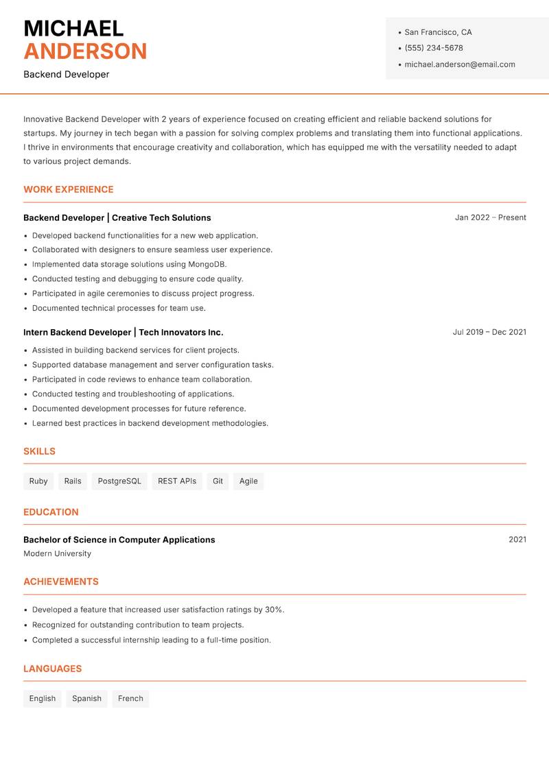 Backend Developer resume template — Modern Professional
