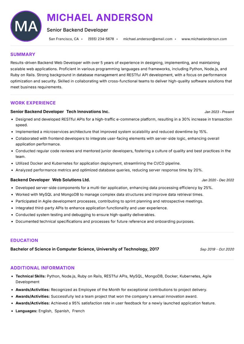 Backend Web Developer resume example — Web Technologies
