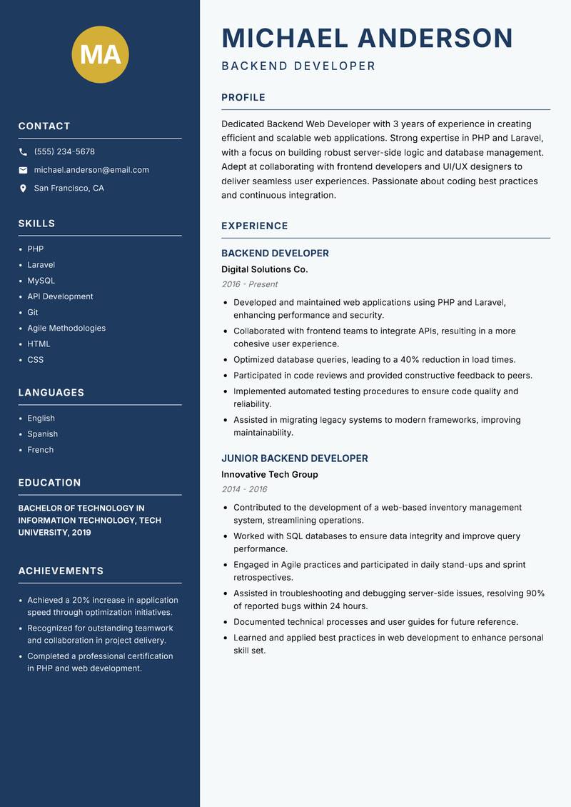 Backend Web Developer resume template — Classic Clean