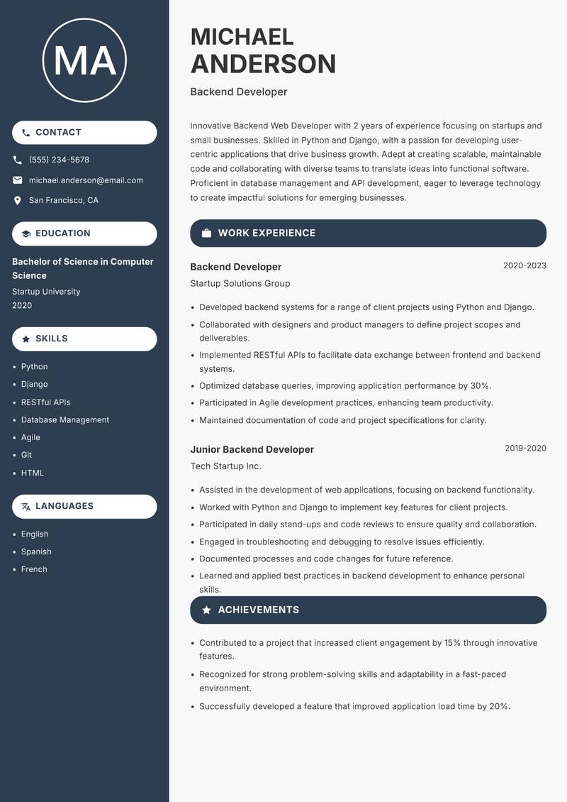 Backend Web Developer resume template — Compact
