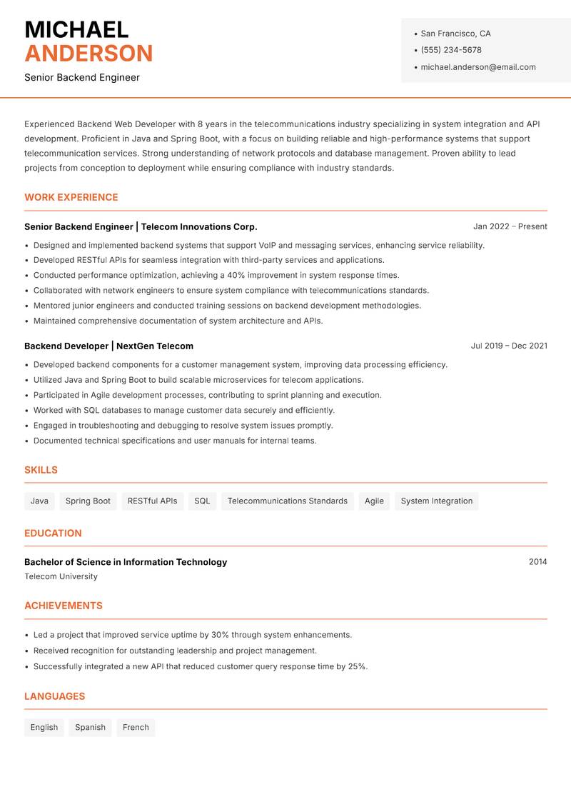 Backend Web Developer resume template — Modern Professional