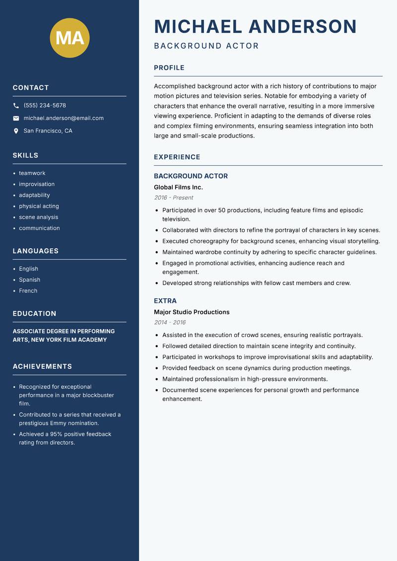 Background Actor resume template — Classic Clean