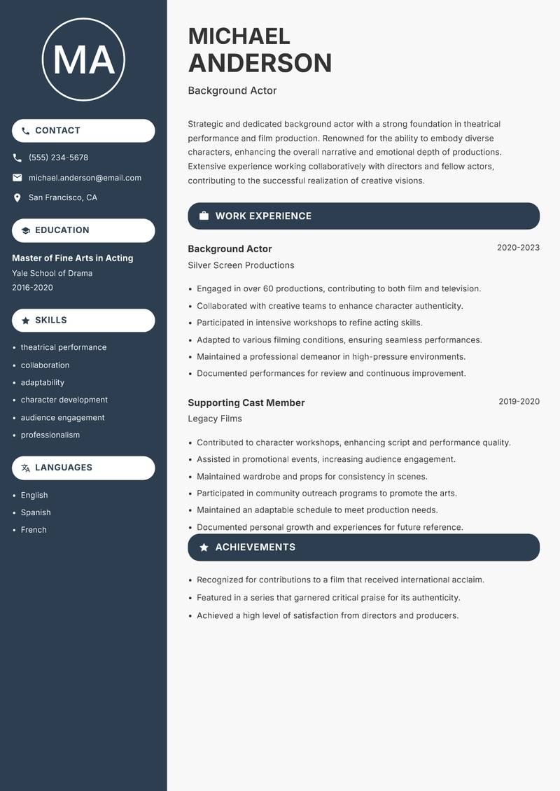 Background Actor resume template — Compact
