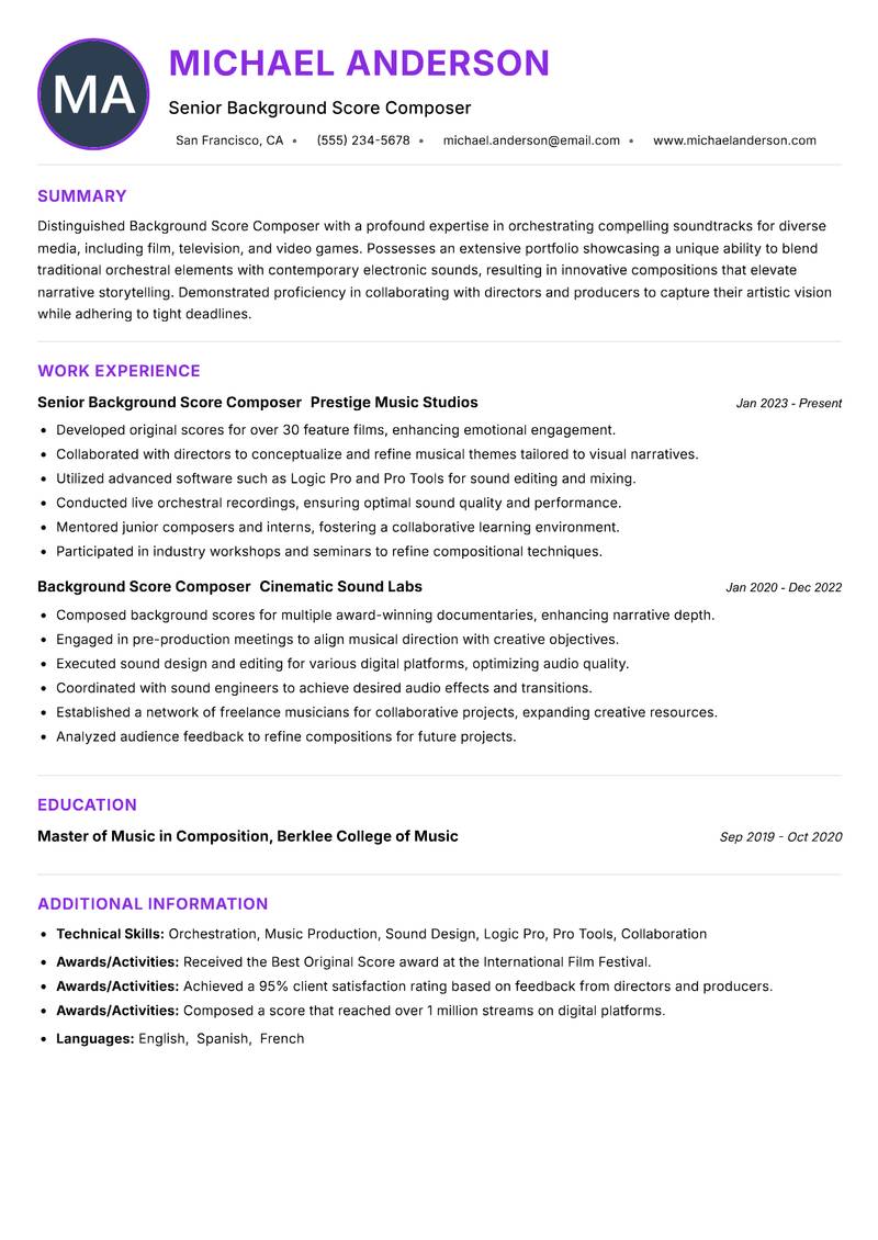 Background Score Composer resume example — ATS-friendly template