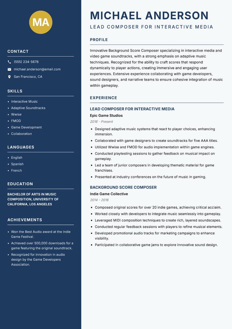 Background Score Composer resume template — Classic Clean
