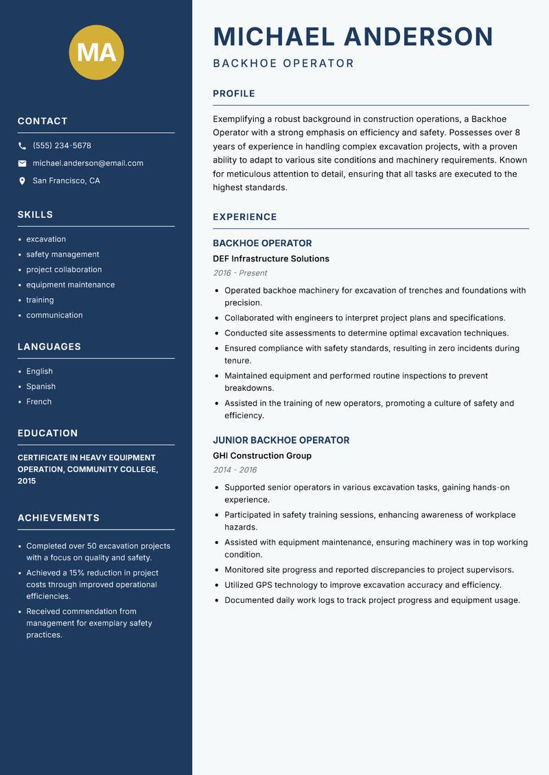 Backhoe Operator resume template — Classic Clean
