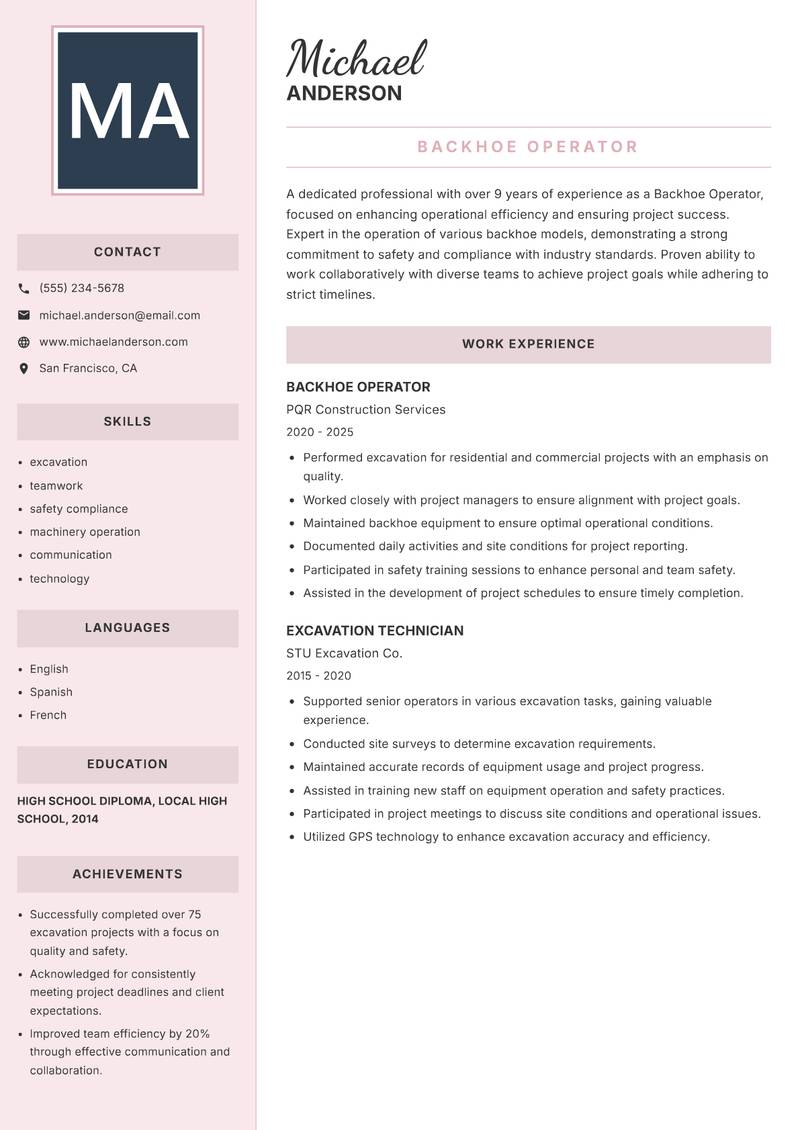 Backhoe Operator resume template — Executive