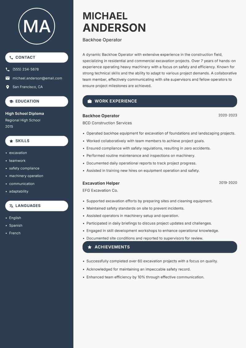 Backhoe Operator resume template — Compact