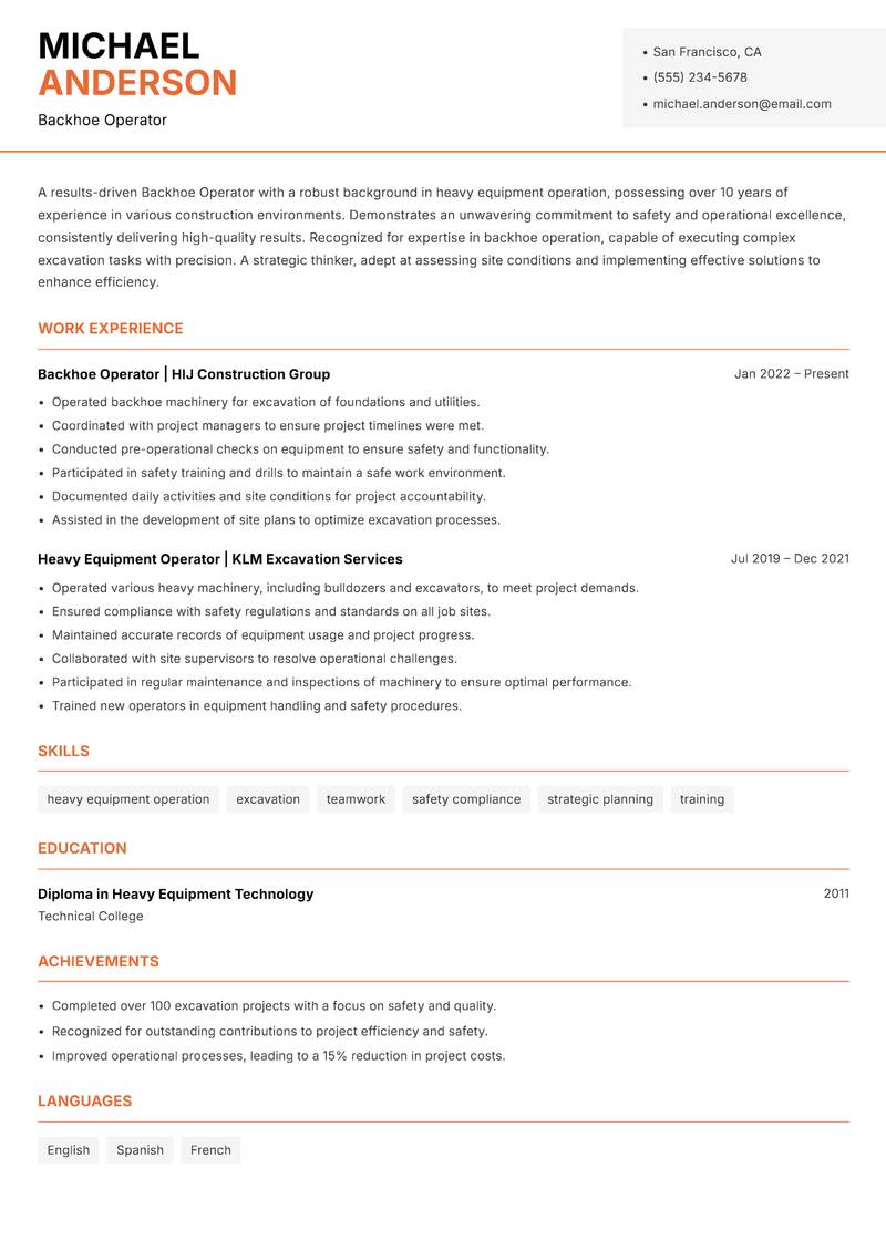 Backhoe Operator resume template — Modern Professional