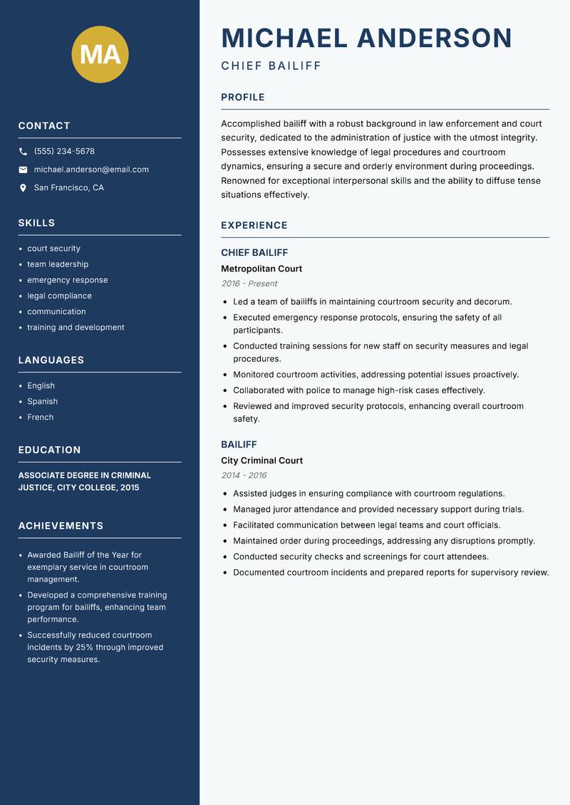 Bailiff resume template — Classic Clean