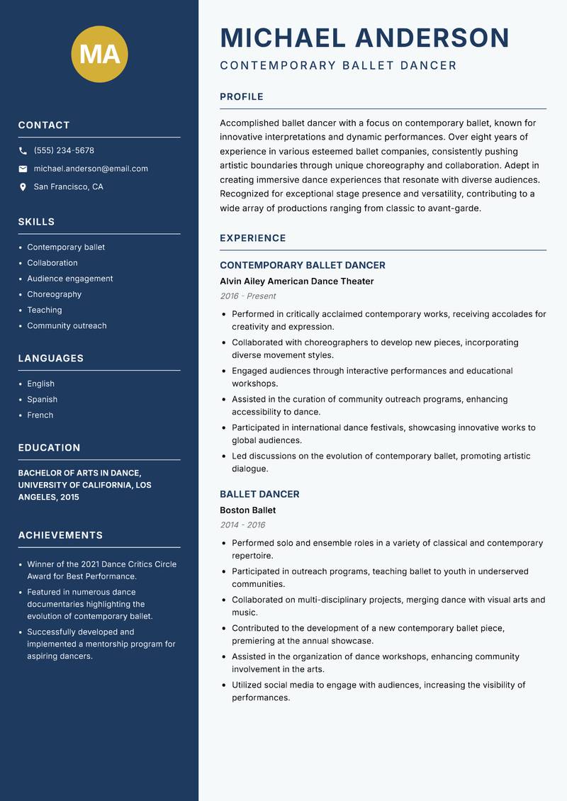 Ballet Dancer resume template — Classic Clean