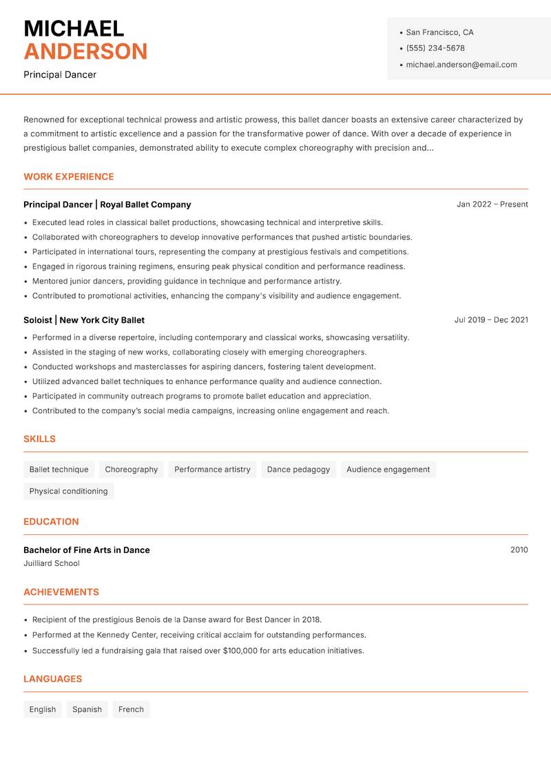 Ballet Dancer resume template — Modern Professional