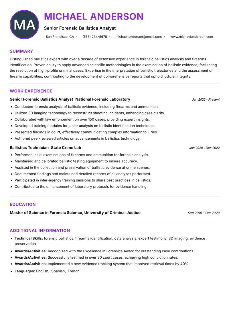 Ballistics Expert resume example — ATS-friendly template