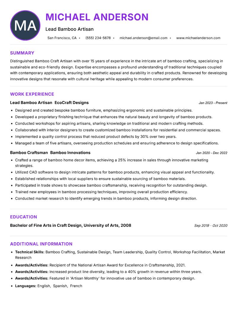 Bamboo Craft Artisan resume example — ATS-friendly template