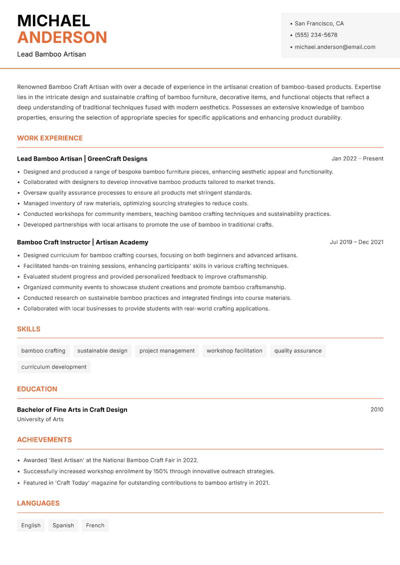 Bamboo Craft Artisan resume template — Modern Professional