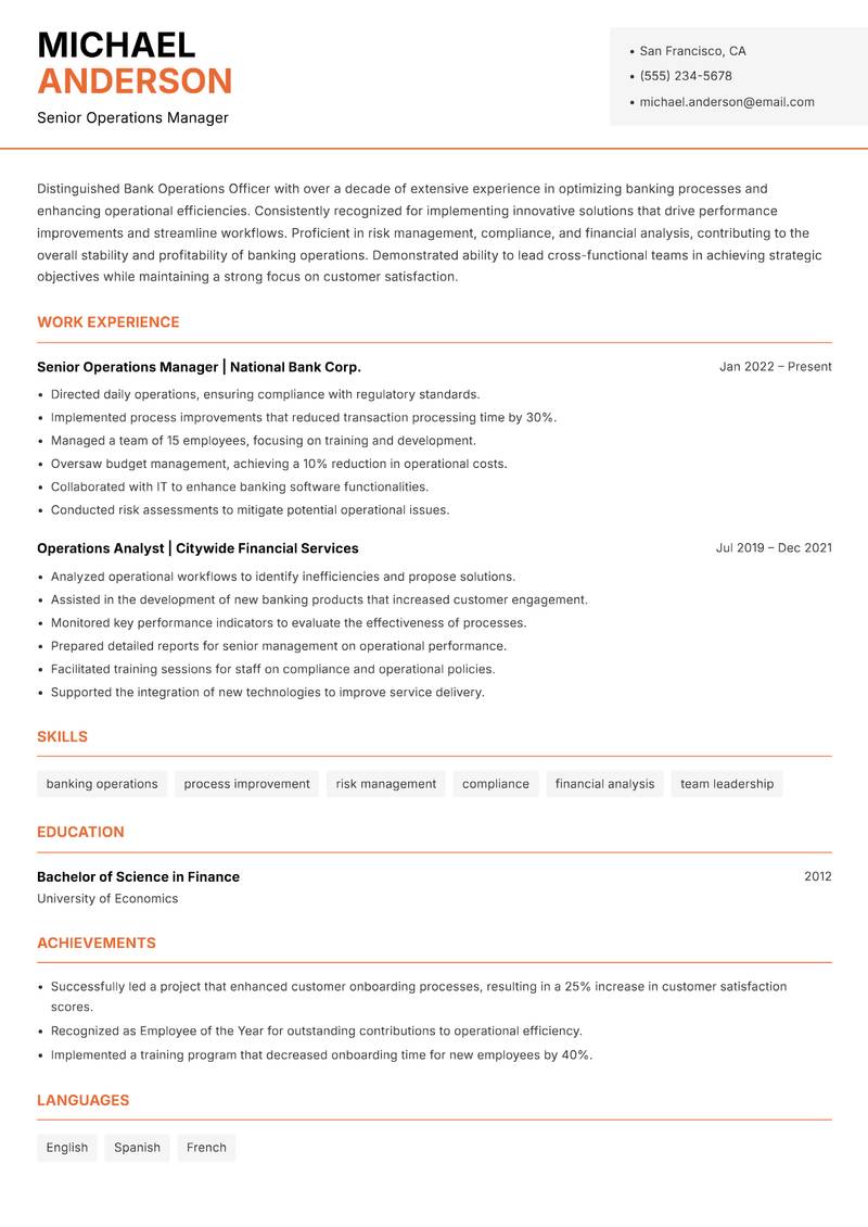 Bank Operations Officer resume template — Modern Professional
