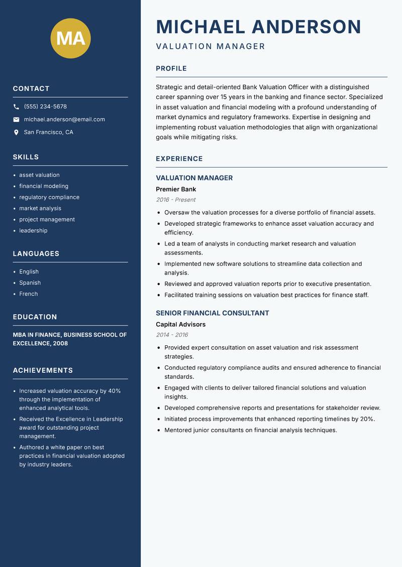 Bank Valuation Officer resume template — Classic Clean