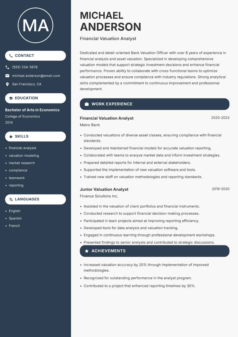 Bank Valuation Officer resume template — Compact