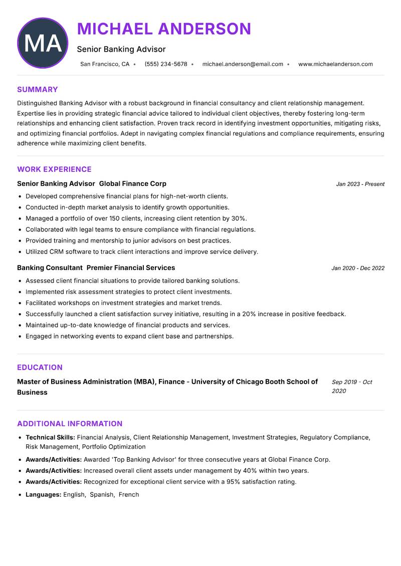 Banking Advisor resume example — ATS-friendly template
