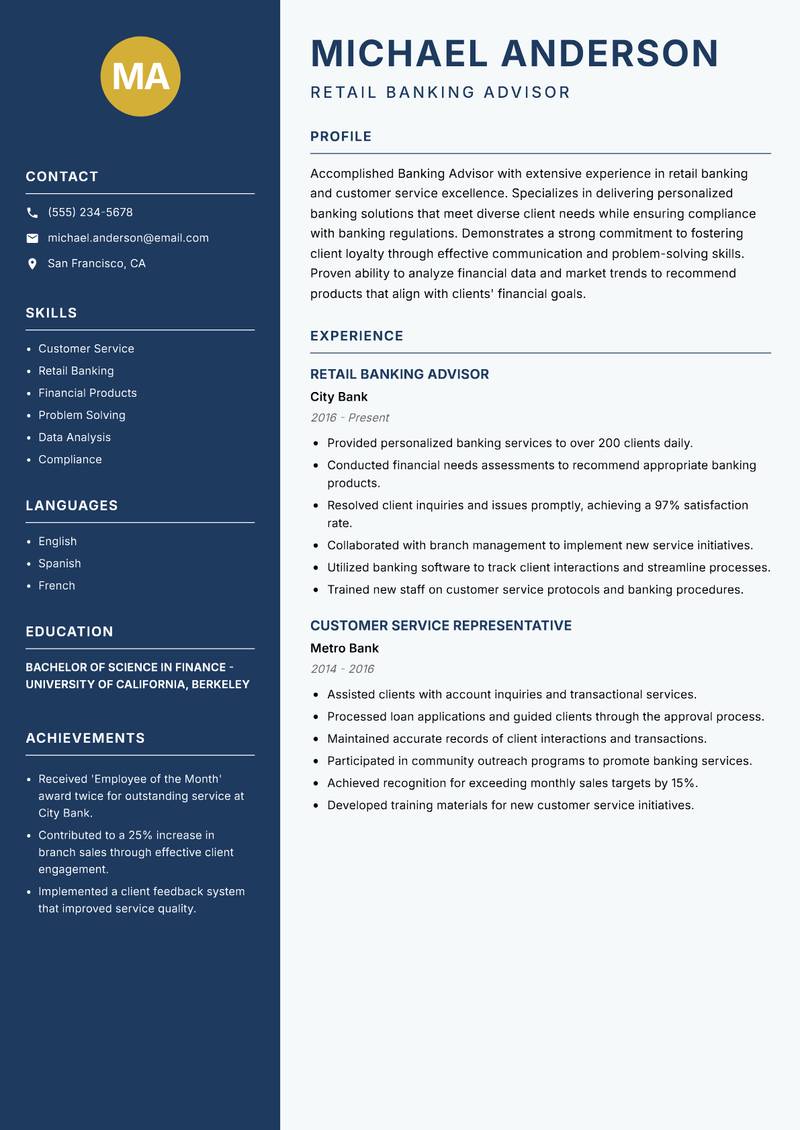 Banking Advisor resume template — Classic Clean