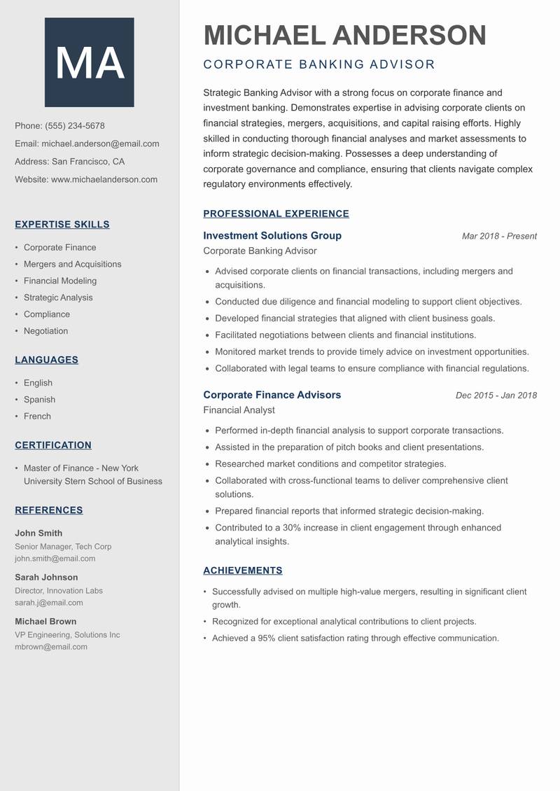 Banking Advisor resume template — Creative Minimal