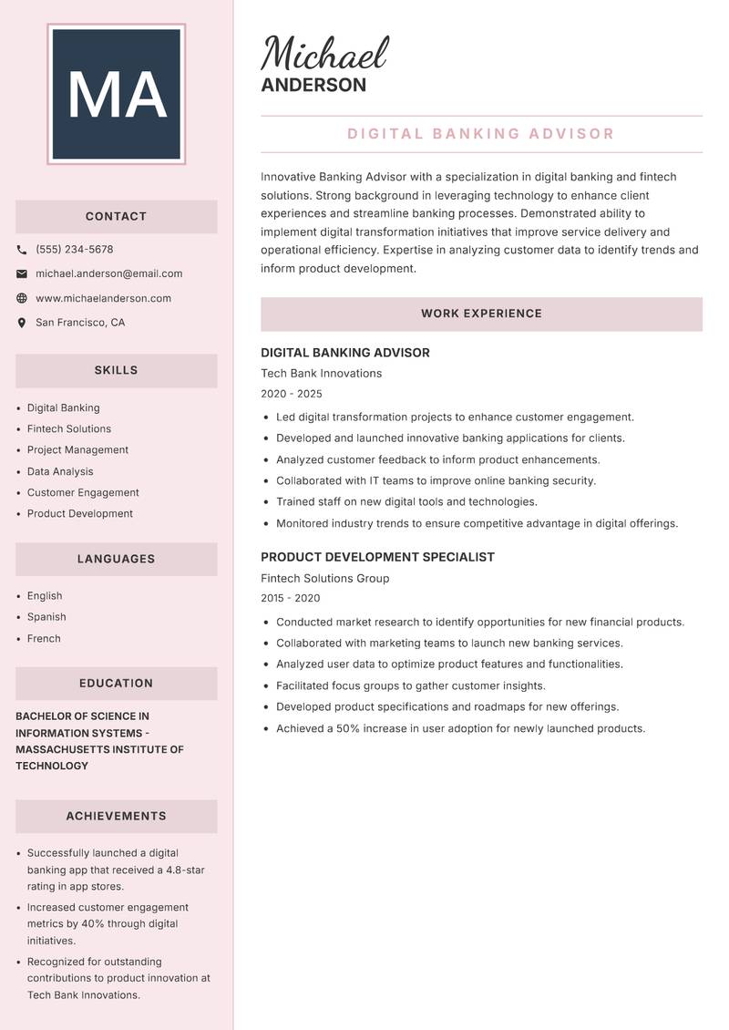 Banking Advisor resume template — Executive