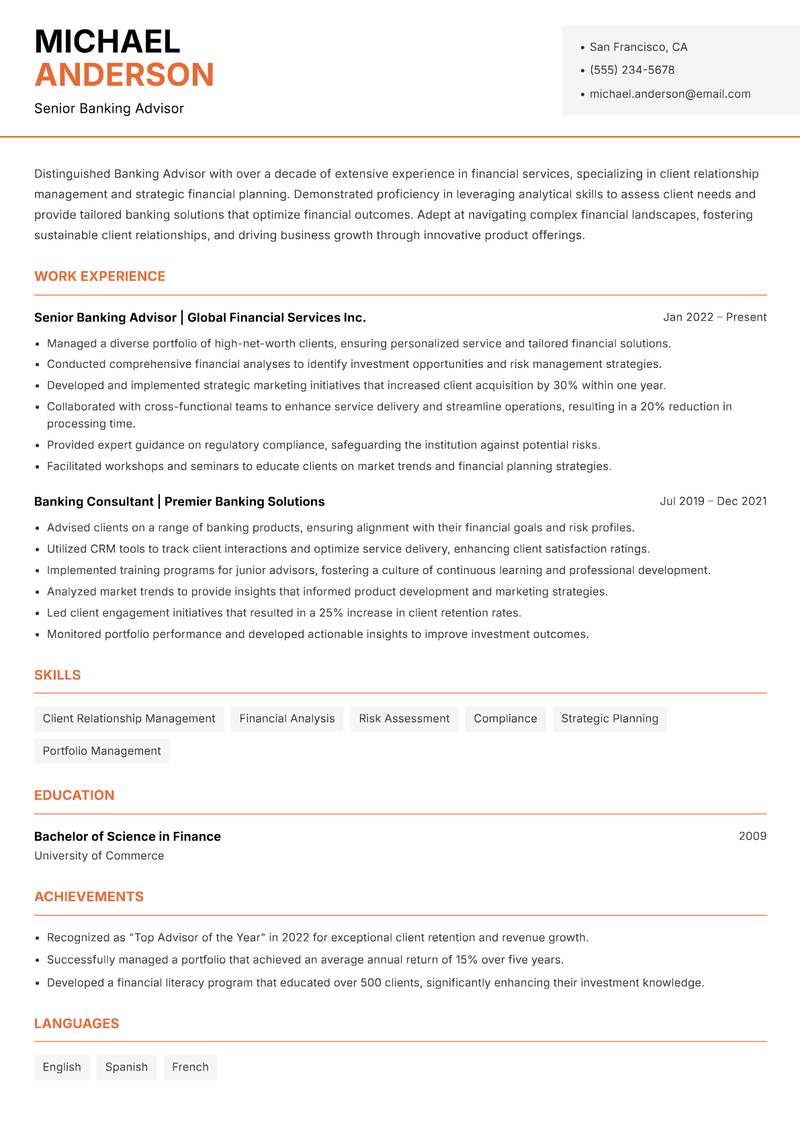 Banking Advisor resume template — Modern Professional