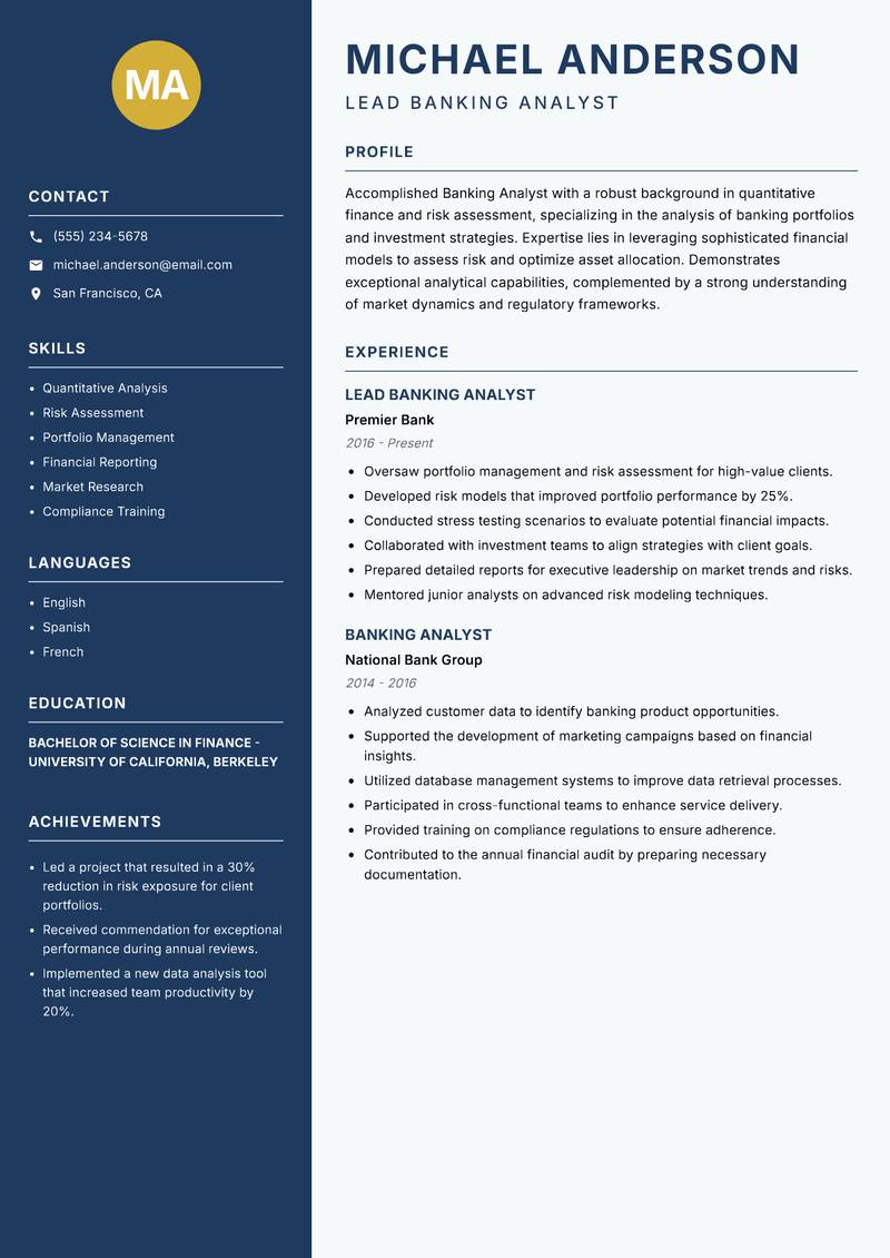 Banking Analyst resume template — Classic Clean
