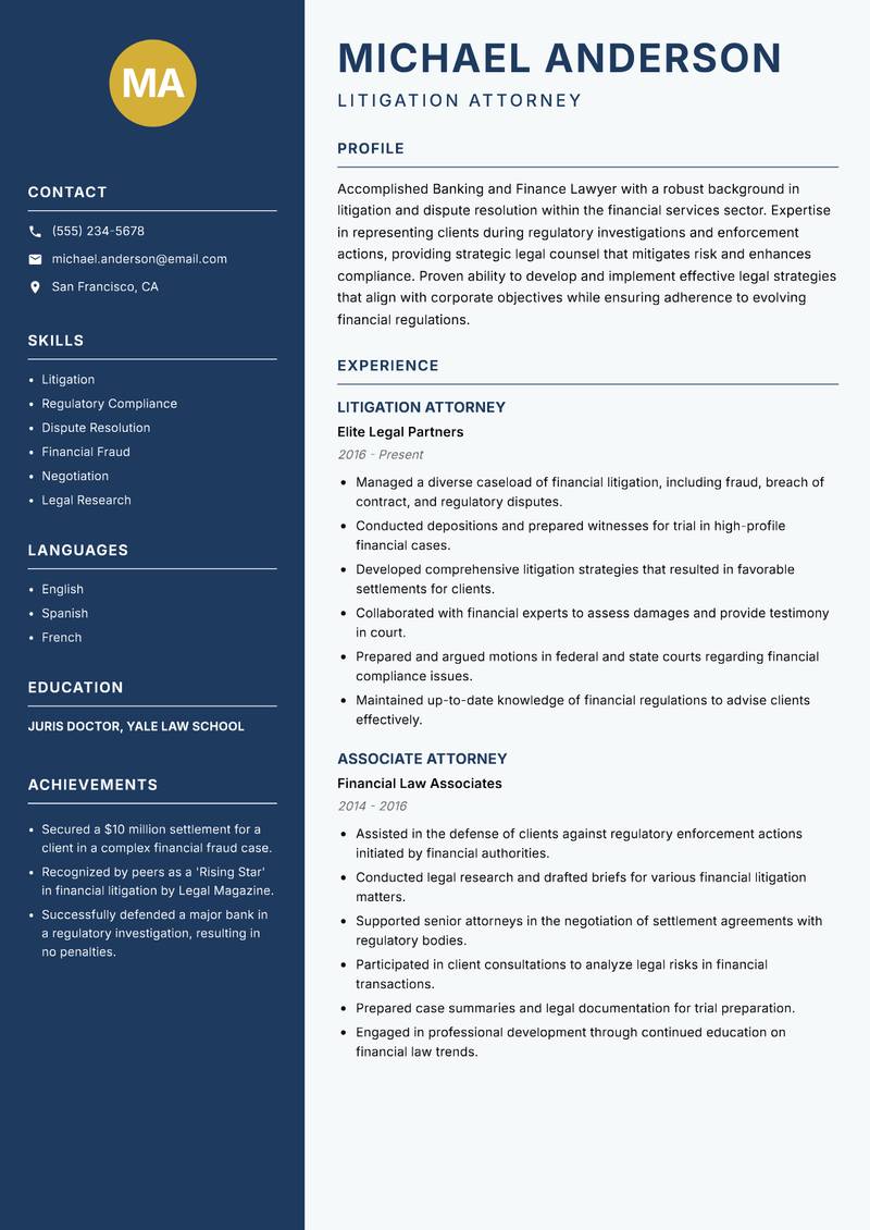 Banking and Finance Lawyer resume template — Classic Clean
