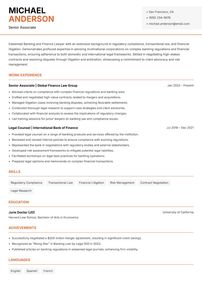 Banking and Finance Lawyer resume template — Modern Professional